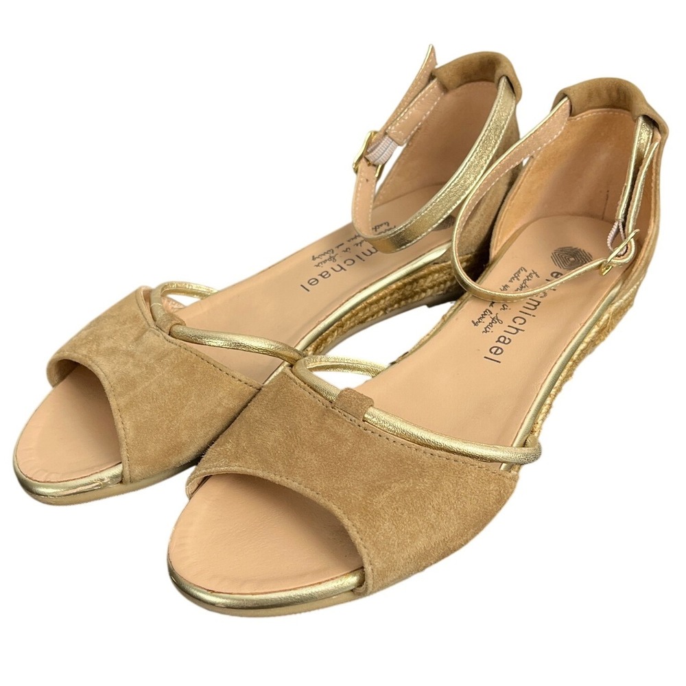Eric Michael Tan Suede Gold Trim Espadrille Wedge Sandals Handmade Spain Size 38